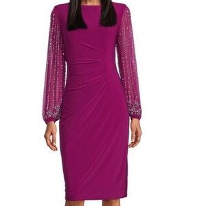 Marina Round Neck Beaded Lace Long Sleeve Side Drape Sheath Dress Sz 14